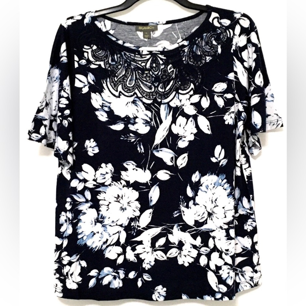 Style & Co Petite Size PL Navy Blue Crochet Cutout Neck Trim Short Sleeve Blouse